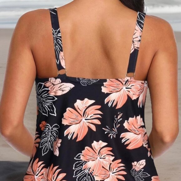 AquaEve Women Tankini Swimsuit Top ONLY Medium Black Orange Tropical Adjustable - Picture 4 of 8